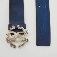Roberto Cavalli Blue Leather Logo Buckle Belt 105 CM