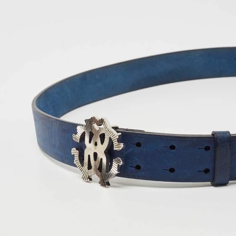 Black Roberto Cavalli Blue Leather Logo Buckle Belt 105 CM For Sale