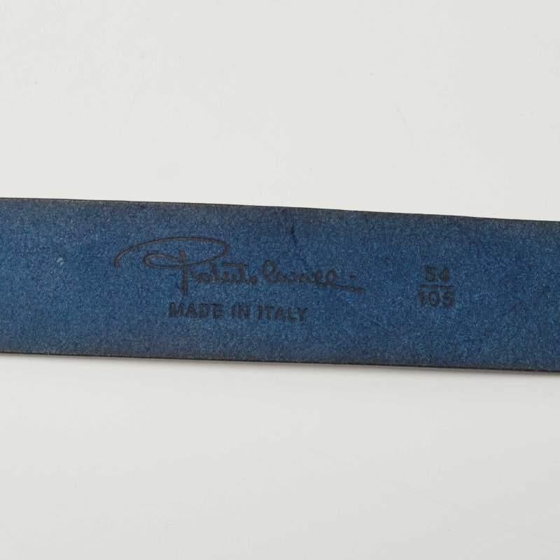 Roberto Cavalli Blue Leather Logo Buckle Belt 105 CM In Good Condition For Sale In Dubai, Al Qouz 2