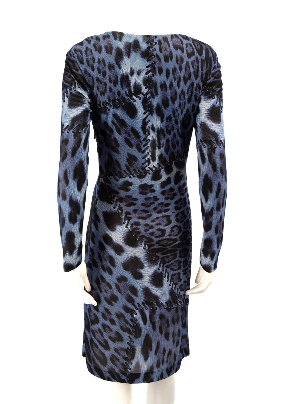 Noir Roberto Cavalli - Robe bleue imprimée léopard et points, taille XL en vente