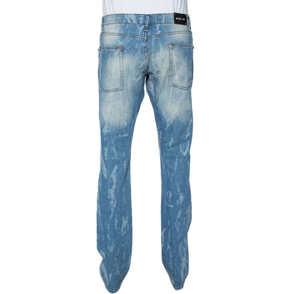 Roberto Cavalli Blue Light Wash Denim Distressed Pattern Jeans S In Good Condition In Dubai, Al Qouz 2