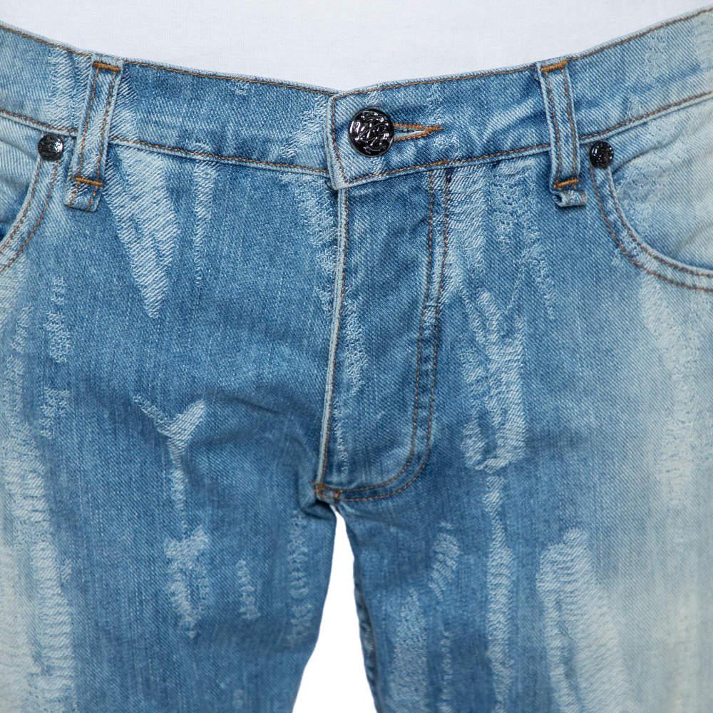 Men's Roberto Cavalli Blue Light Wash Denim Distressed Pattern Jeans S