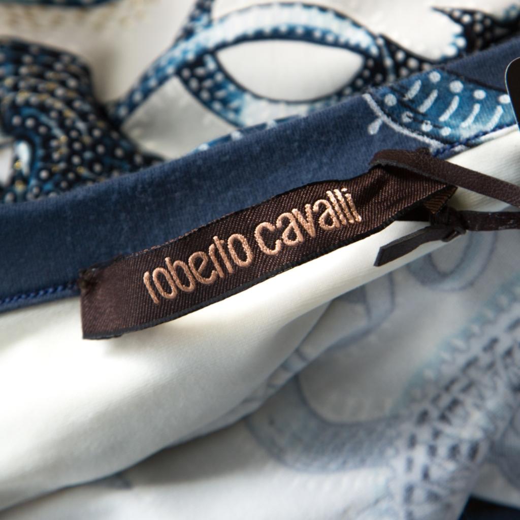 Women's Roberto Cavalli Blue Marine Printed Stretch Jersey Maxi Skirt L
