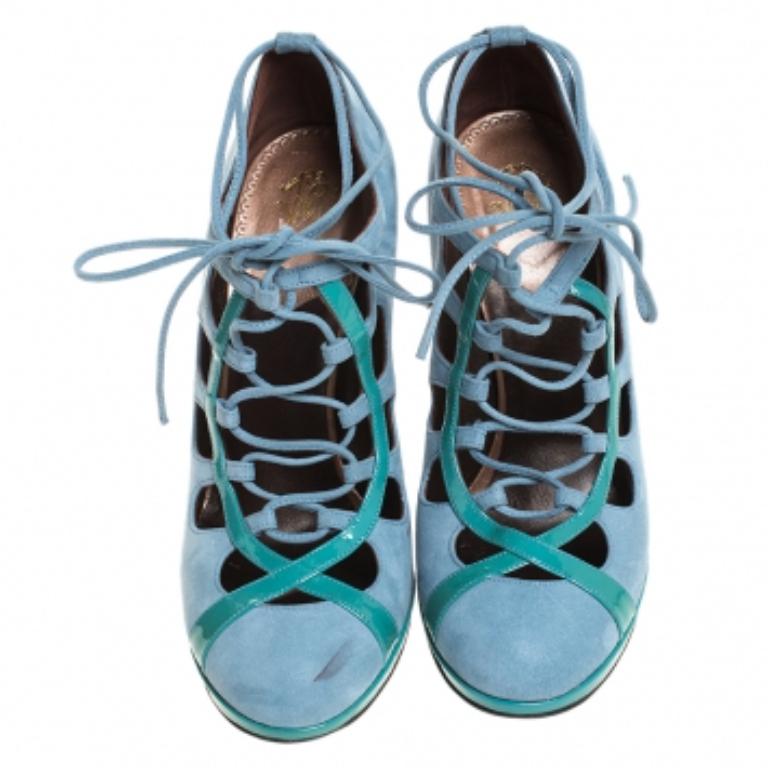 Roberto Cavalli Blaue Nubuck And Patent Spitze Up Plateau Pumps Größe 39 im Angebot 2