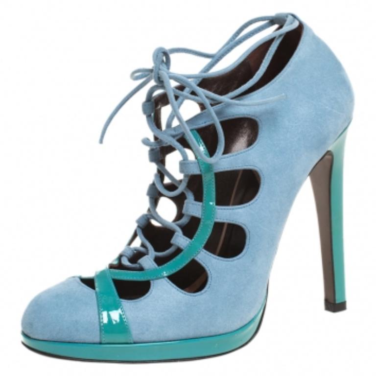 Roberto Cavalli Blaue Nubuck And Patent Spitze Up Plateau Pumps Größe 39 im Angebot 3