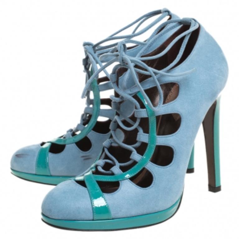 Roberto Cavalli Blaue Nubuck And Patent Spitze Up Plateau Pumps Größe 39 im Angebot 4