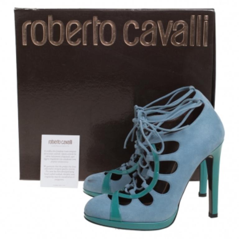 Roberto Cavalli Blaue Nubuck And Patent Spitze Up Plateau Pumps Größe 39 im Angebot 5
