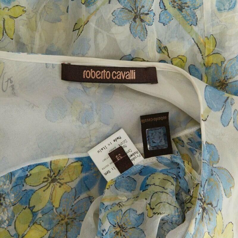 ROBERTO CAVALLI blue orange floral print silk semi sheer flutter sleeve top IT38 For Sale 6