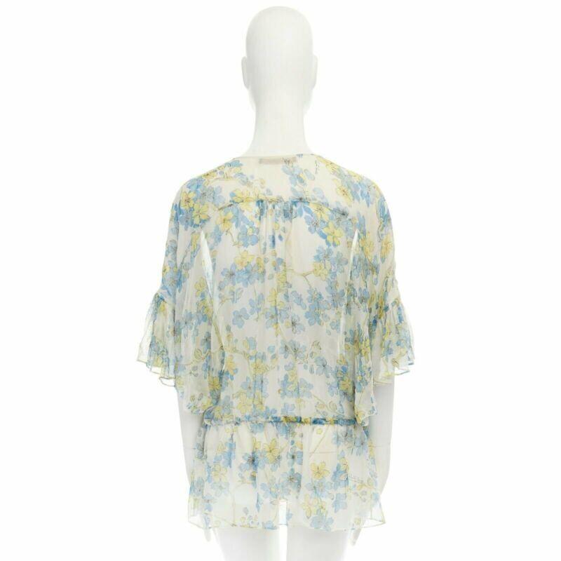Women's ROBERTO CAVALLI blue orange floral print silk semi sheer flutter sleeve top IT38 For Sale