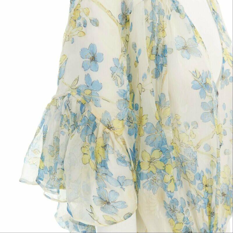 ROBERTO CAVALLI blue orange floral print silk semi sheer flutter sleeve top IT38 For Sale 2