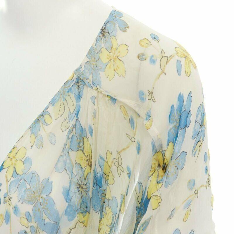 ROBERTO CAVALLI blue orange floral print silk semi sheer flutter sleeve top IT38 For Sale 3