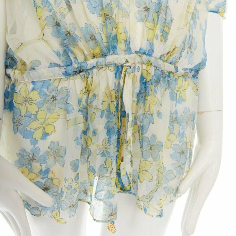 ROBERTO CAVALLI blue orange floral print silk semi sheer flutter sleeve top IT38 For Sale 4