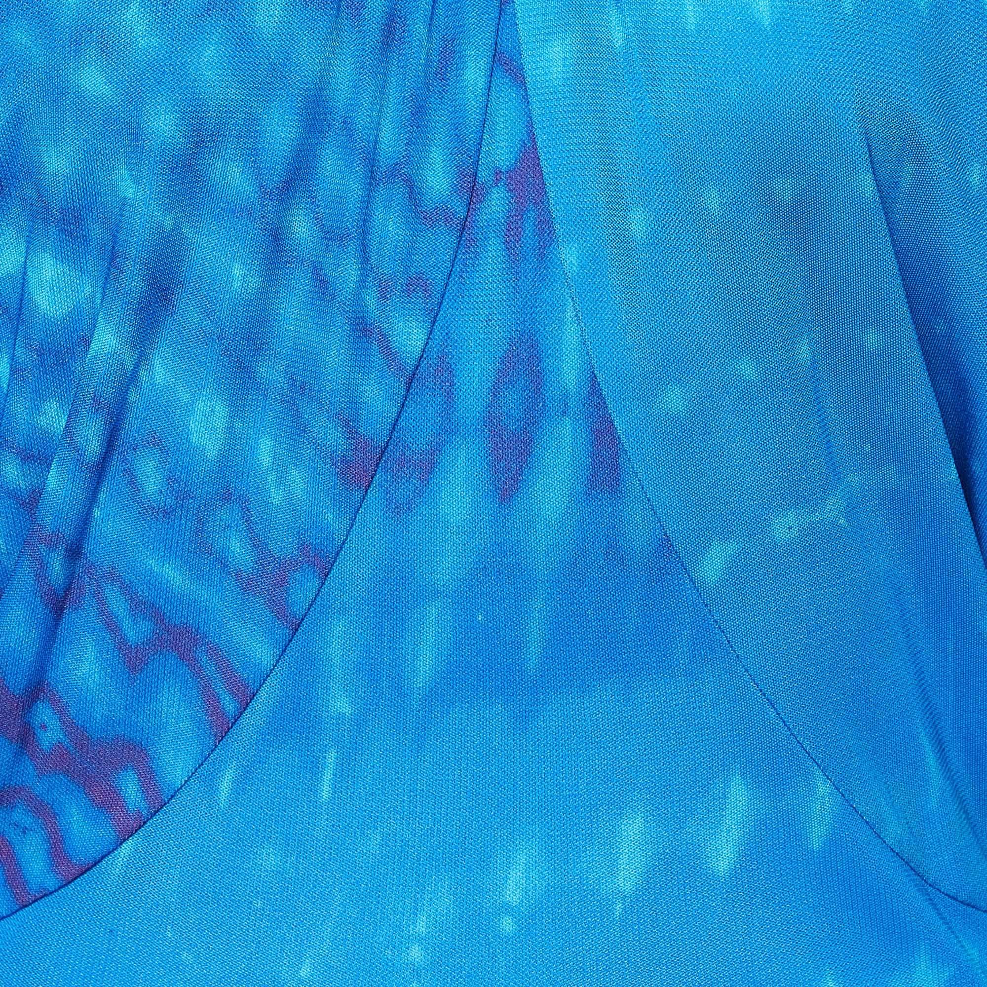 Roberto Cavalli Blue Printed Jersey Draped Sleeve Top S In New Condition For Sale In Dubai, Al Qouz 2