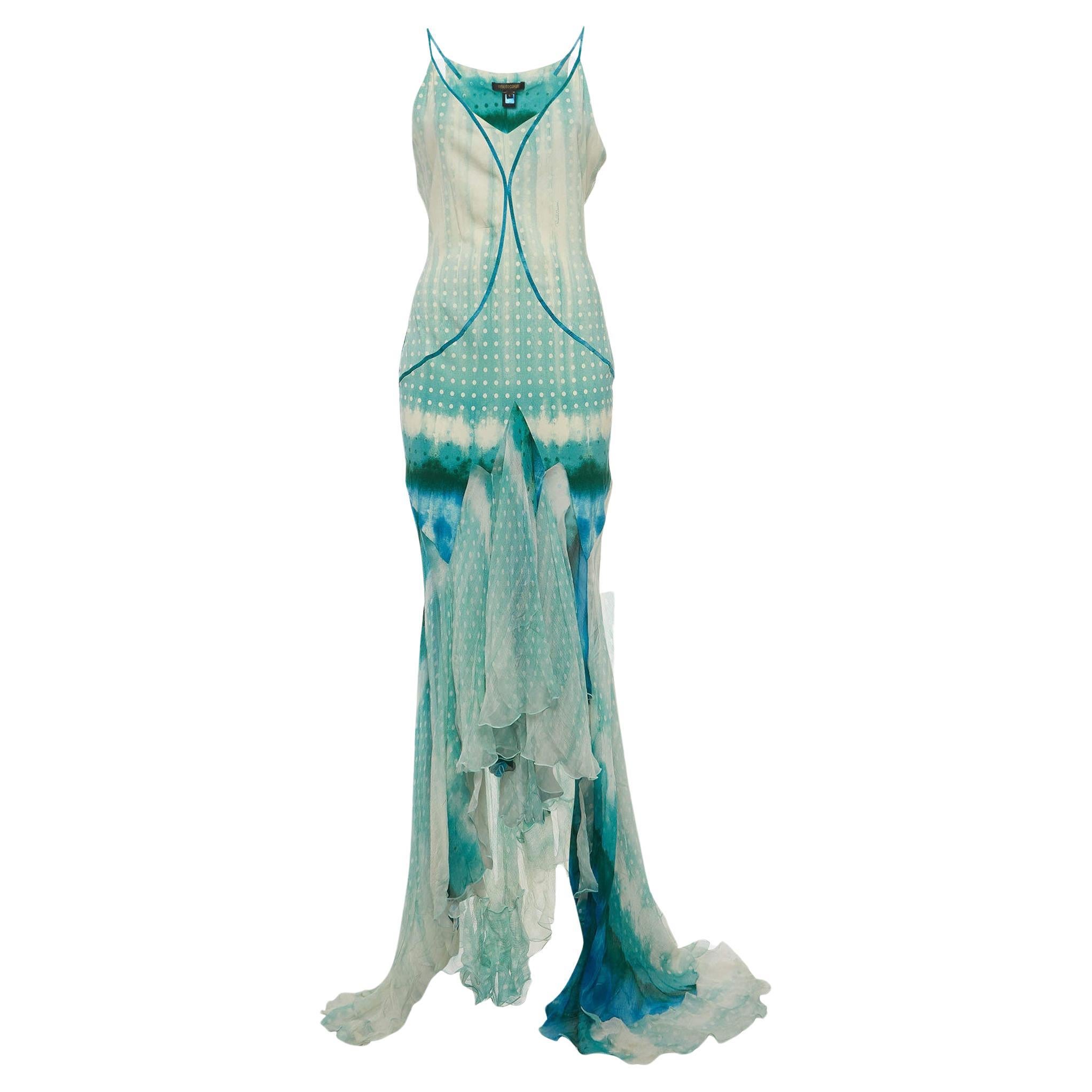Roberto Cavalli Blue Printed Silk Asymmetric Aqua Dress L