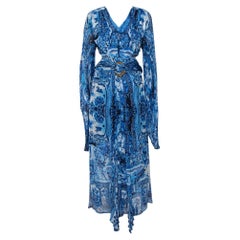 Roberto Cavalli Blue Printed Silk Belted Maxi Dress L
