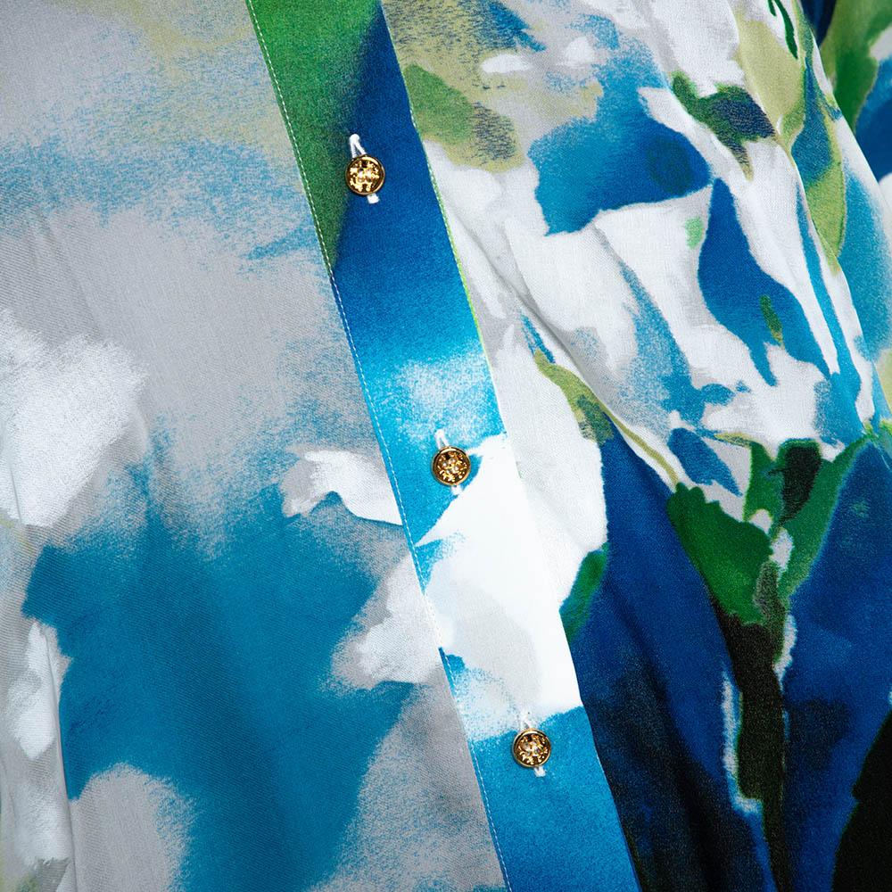 Women's Roberto Cavalli Blue Printed Silk Gathered Sleeve Sheer Blouse M