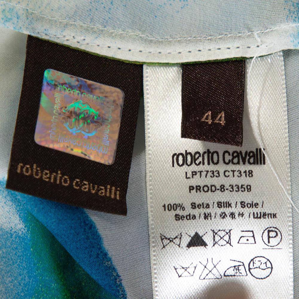 Roberto Cavalli Blue Printed Silk Gathered Sleeve Sheer Blouse M 1