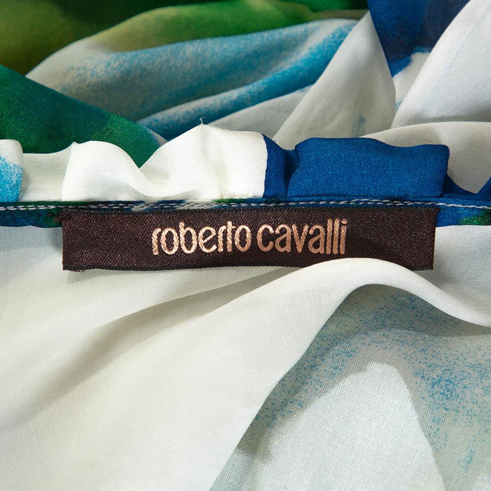 Roberto Cavalli Blue Printed Silk Gathered Sleeve Sheer Blouse M 2