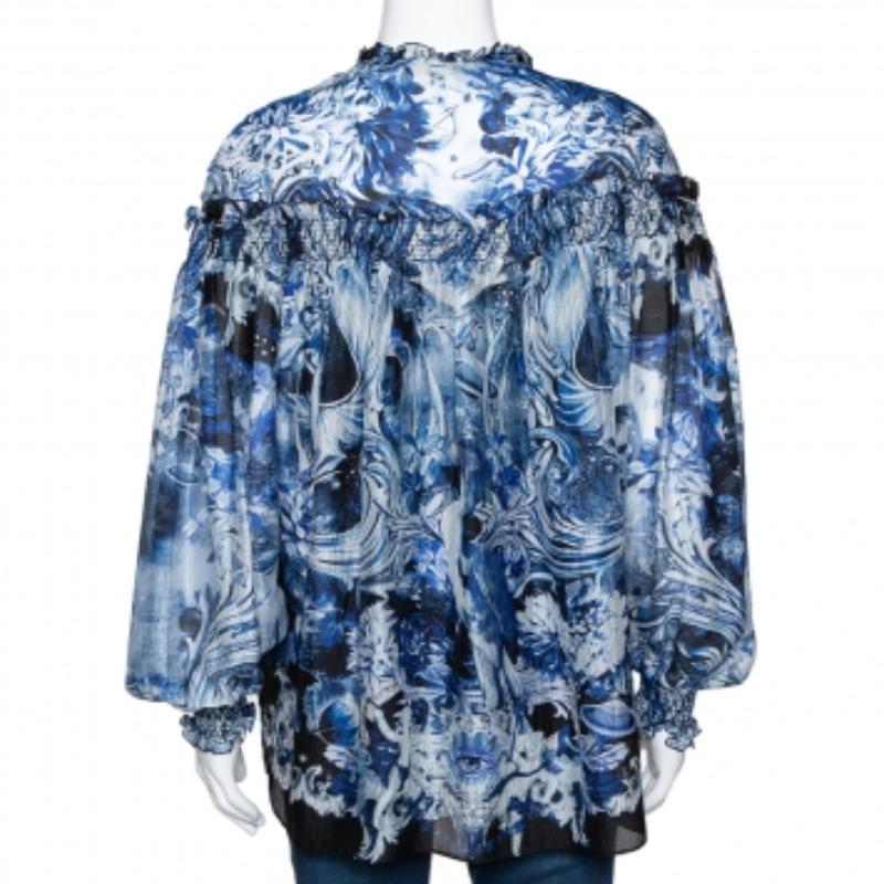 Roberto Cavalli - Chemisier à volants en soie imprimée - Bleu S en vente 1