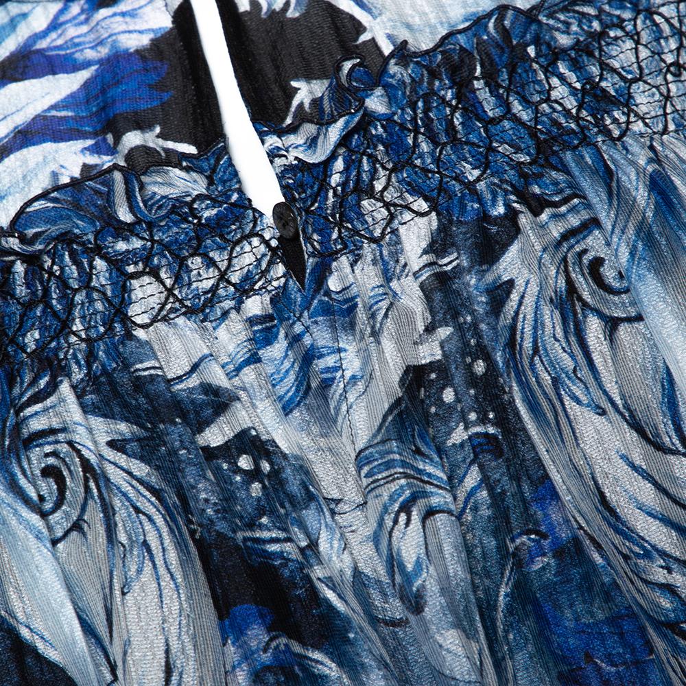 Women's Roberto Cavalli Blue Printed Silk Ruffled Blouse S For Sale