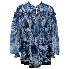 Roberto Cavalli Blaue bedruckte geraffte Seidenbluse S