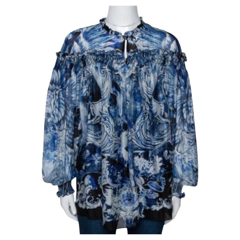 Roberto Cavalli Camicetta con volant in seta stampata blu S