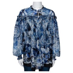 Roberto Cavalli Blue Printed Silk Ruffled Blouse S