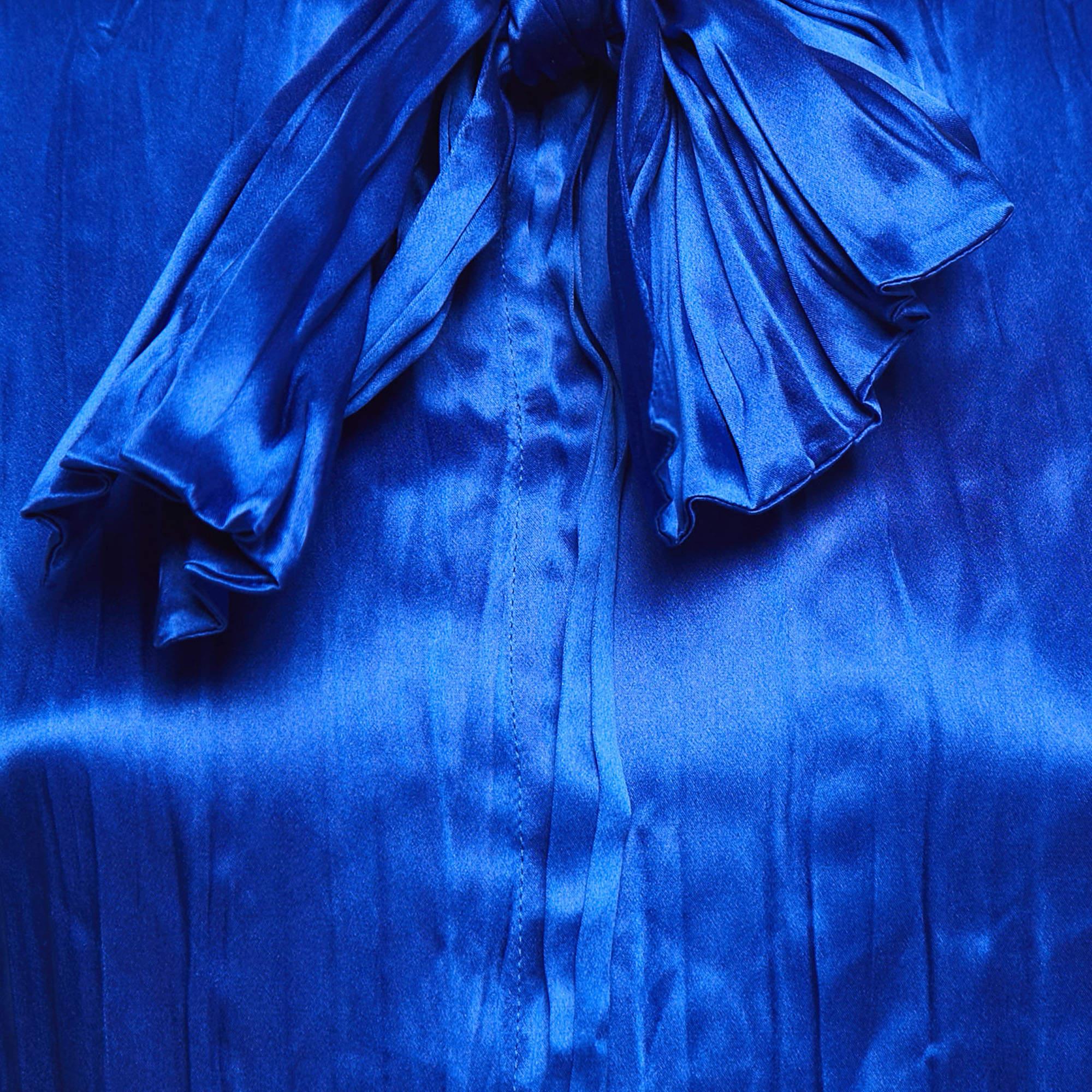 Roberto Cavalli Blue Satin Silk Pleated Tie-Neck Shirt S In Good Condition For Sale In Dubai, Al Qouz 2
