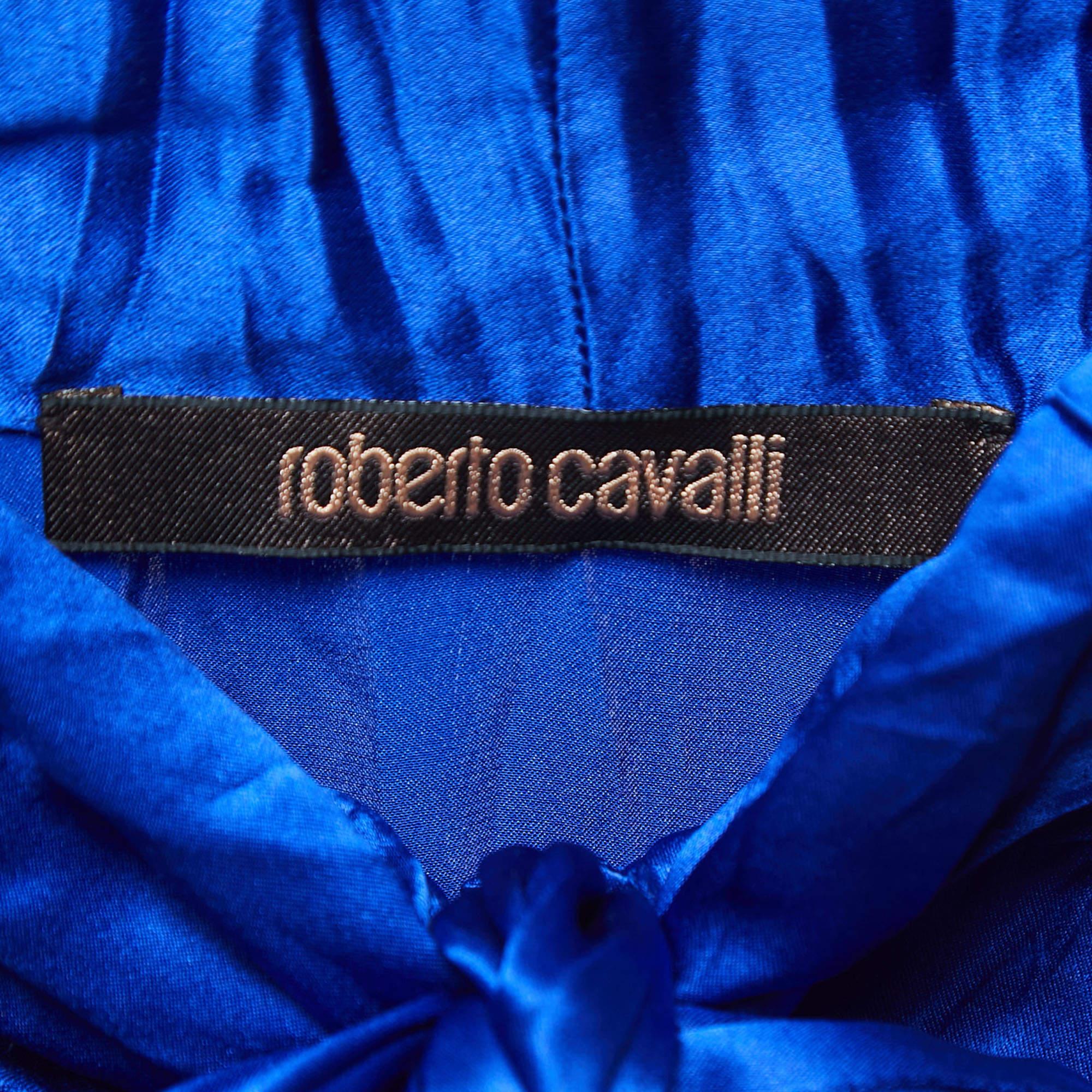 Women's Roberto Cavalli Blue Satin Silk Pleated Tie-Neck Shirt S For Sale