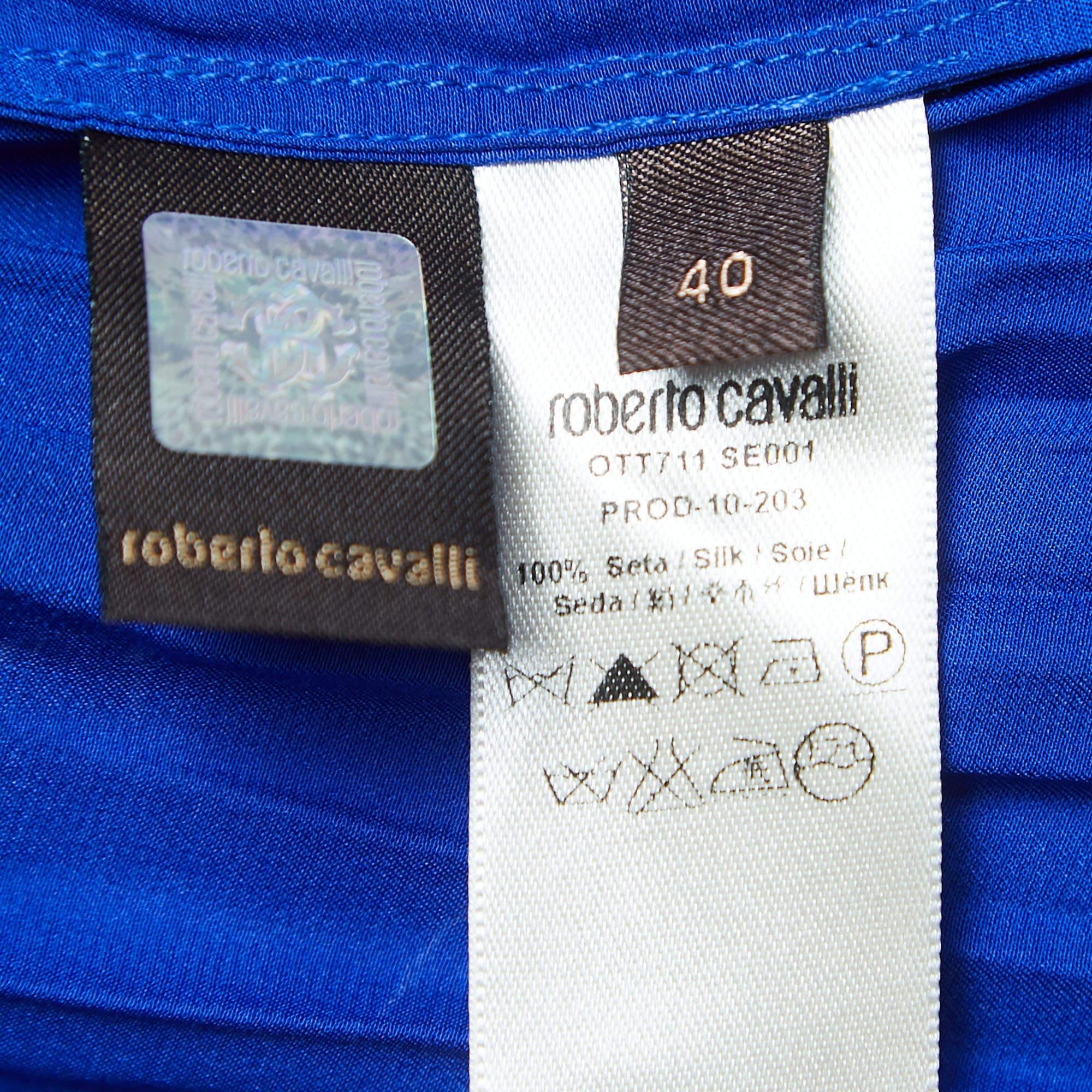 Roberto Cavalli Blue Satin Silk Pleated Tie-Neck Shirt S For Sale 1