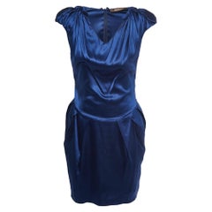 Roberto Cavalli Blue Satin Silk V Neck Pleated Short Dress S