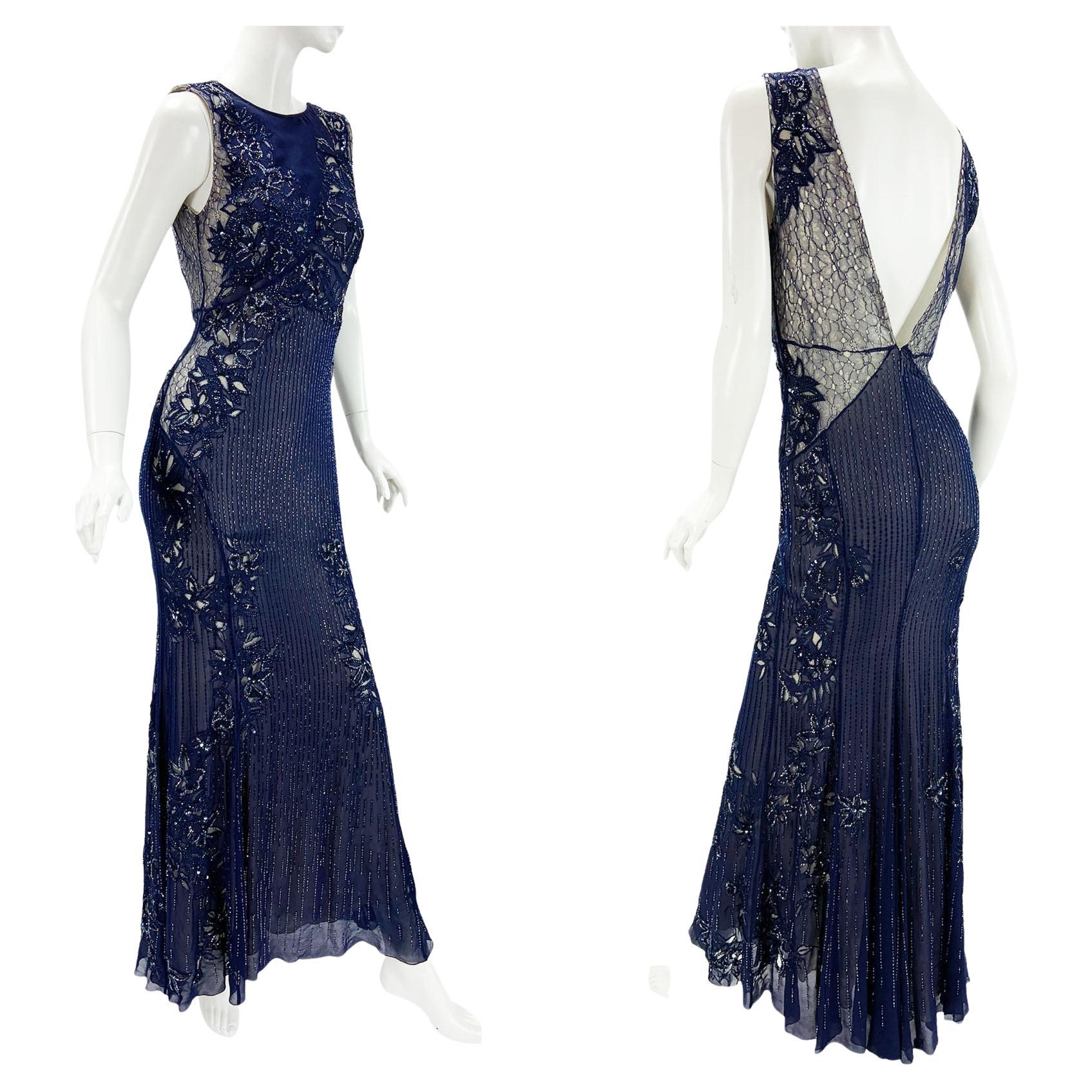 Roberto Cavalli Blue Silk Fully Embellished Dress Gown Italian 42 - US 6 For Sale