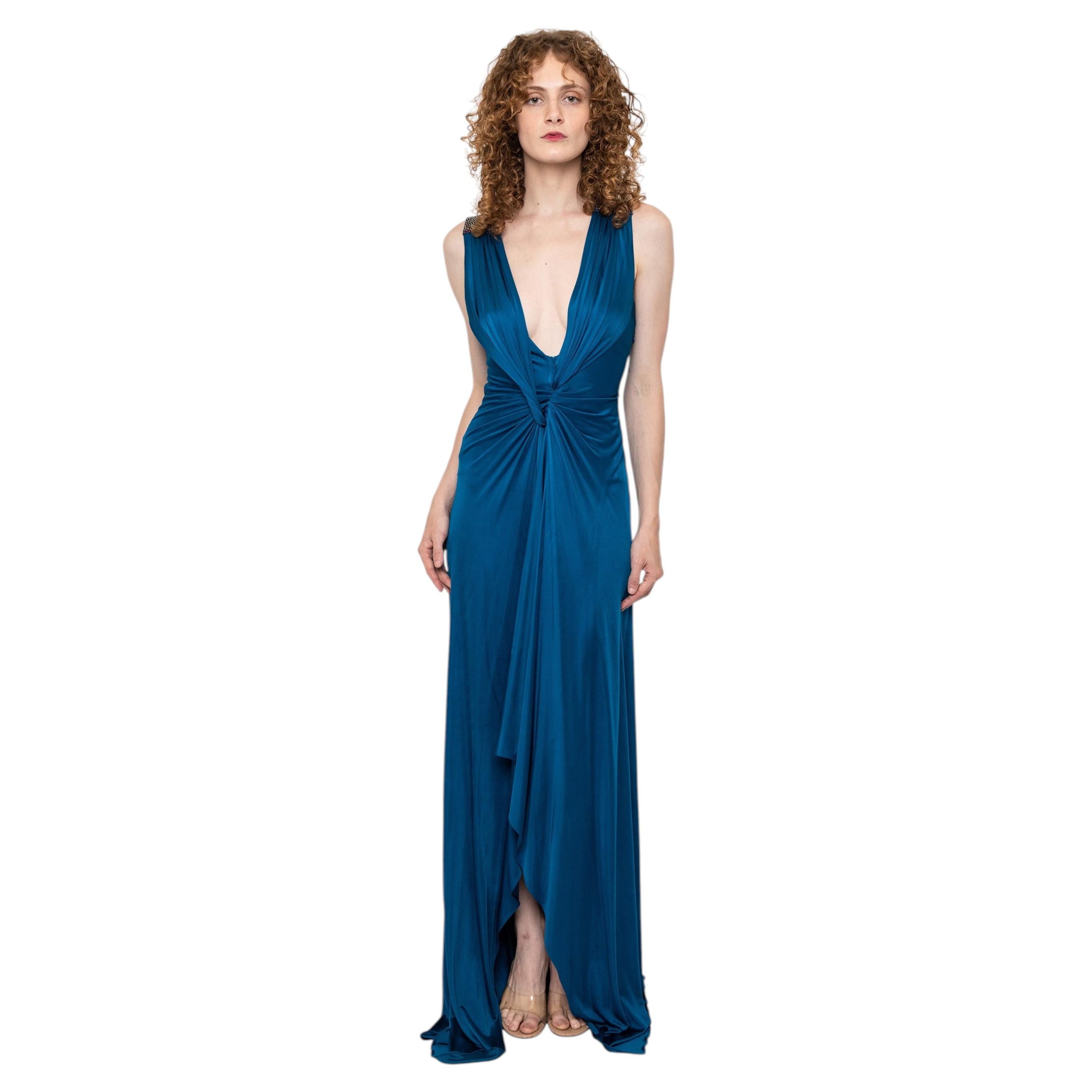 Roberto Cavalli – Blaues Seidenjersey-Kleid mit Strassverzierung und gekreuztem Rücken
