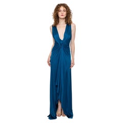 Roberto Cavalli Blue Silk Jersey Rhinestone Cross Back Gown