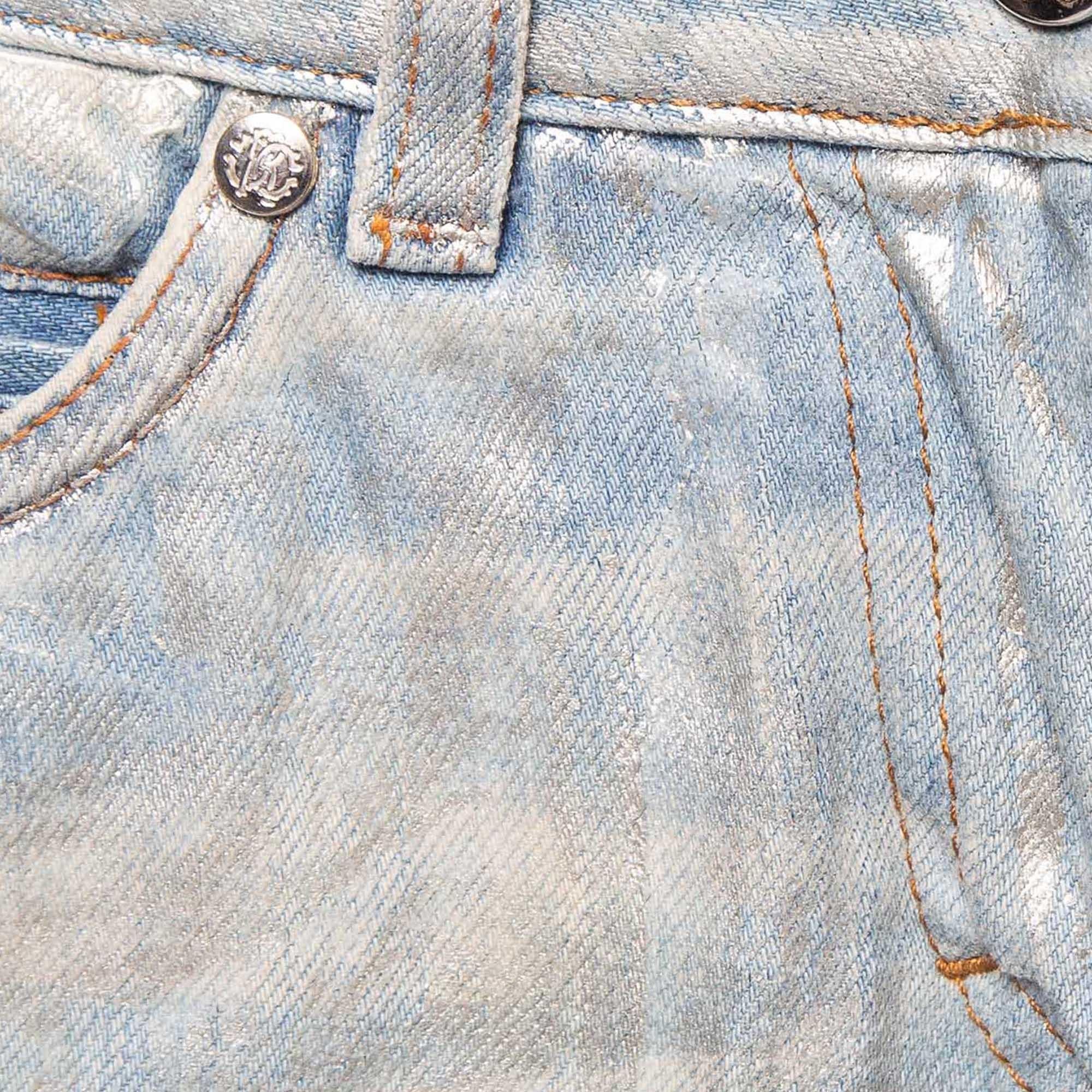 Gray Roberto Cavalli Blue/Silver Metallic Print Denim Jeans S Waist 30'' For Sale