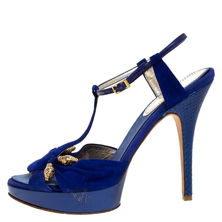 Roberto Cavalli Blue Suede Leather Platform Ankle Strap Sandals Size 39.5  For Sale at 1stDibs
