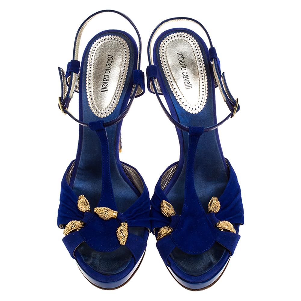 Roberto Cavalli Blue Suede Leather Platform Ankle Strap Sandals Size 39.5 In Fair Condition In Dubai, Al Qouz 2