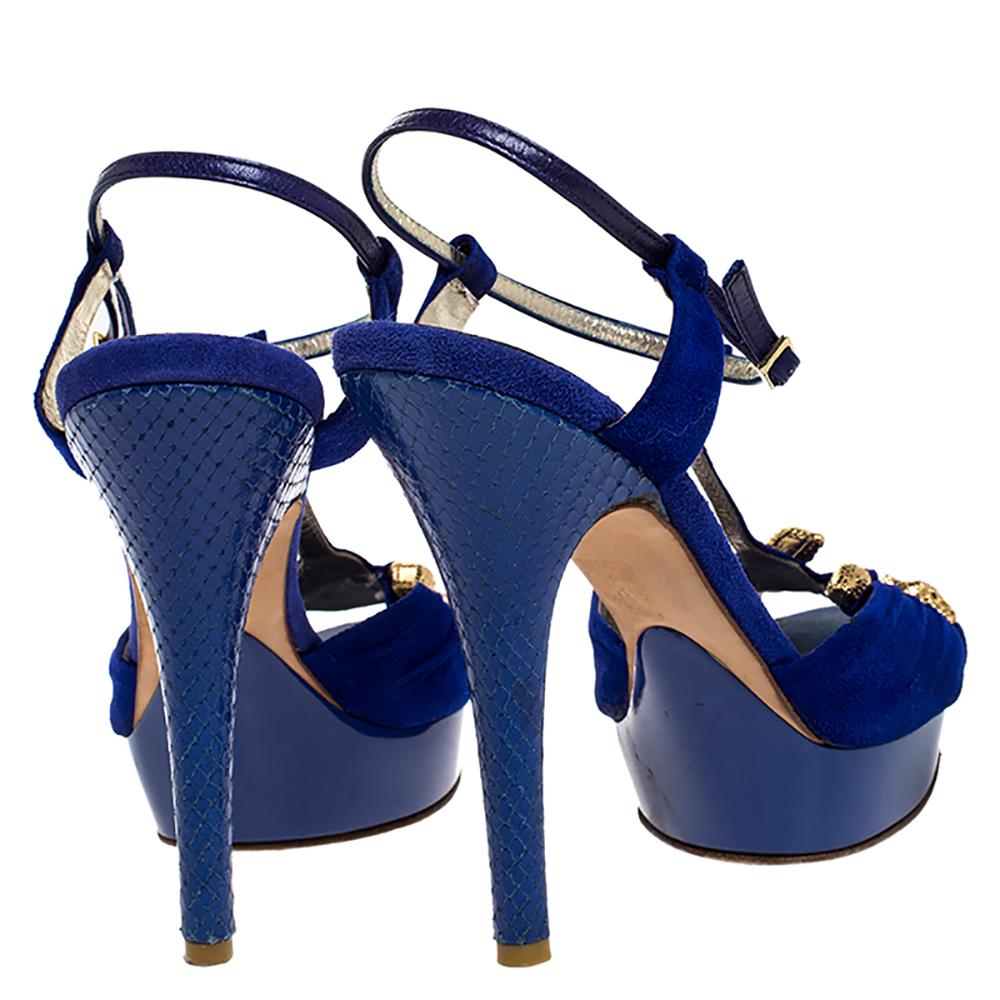 Women's Roberto Cavalli Blue Suede Leather Platform Ankle Strap Sandals Size 39.5