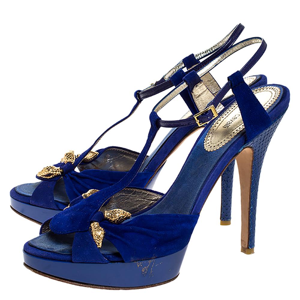 Roberto Cavalli Blue Suede Leather Platform Ankle Strap Sandals Size 39.5 1