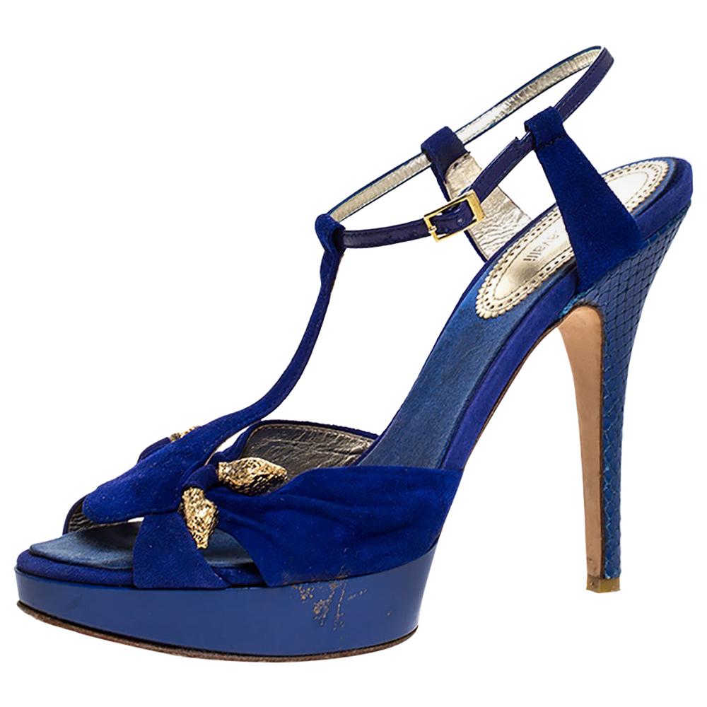 Roberto Cavalli Blue Suede Leather Platform Ankle Strap Sandals Size 39.5