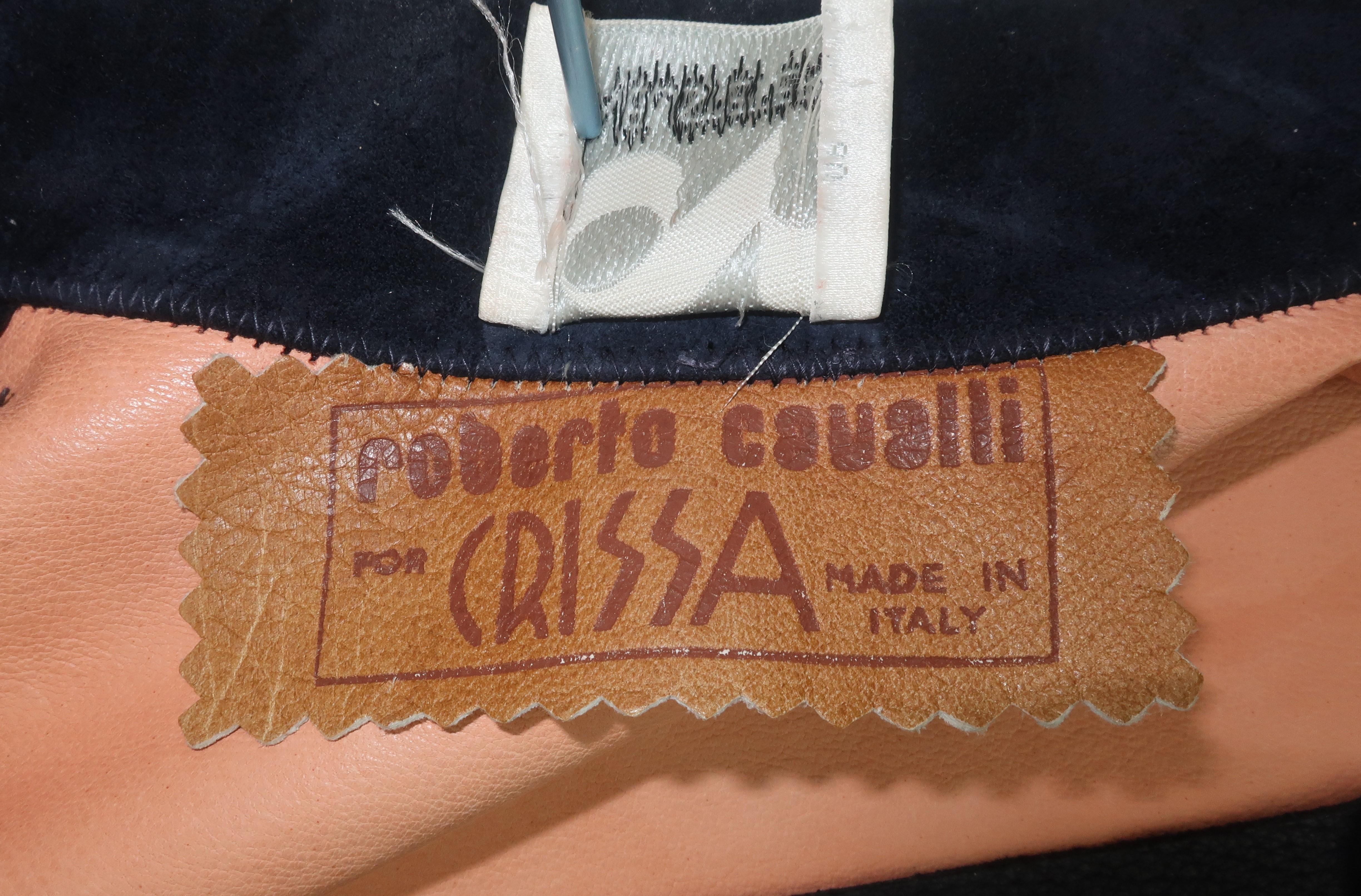 Roberto Cavalli - Veste et jupe en daim imprimé patchwork bleu, années 1970 en vente 9