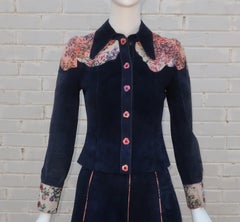 Roberto Cavalli Blue Suede Patchwork Printed Leather Jacket & Skirt, 1970's