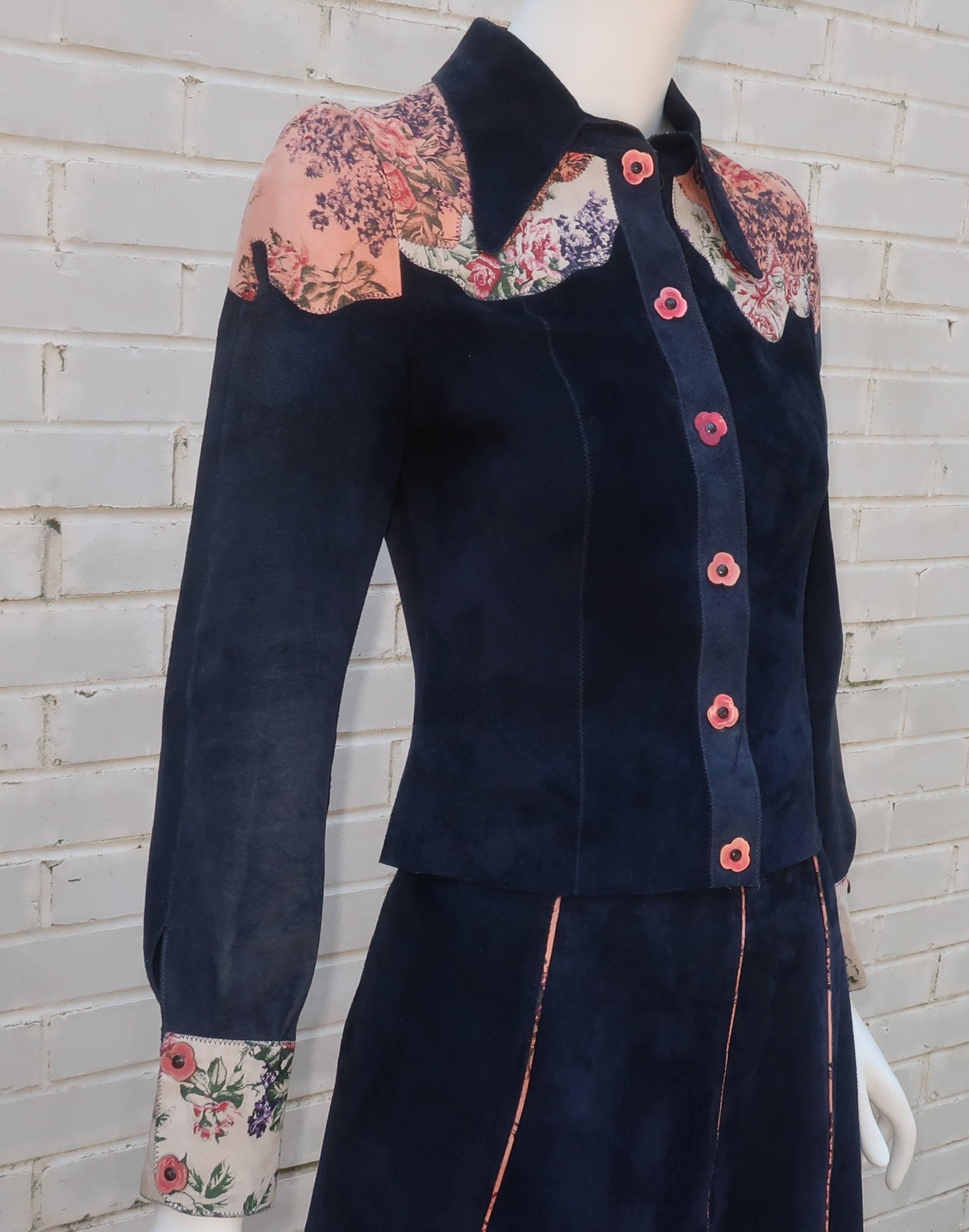 Roberto Cavalli Blue Suede Patchwork Printed Leather Jacket & Skirt, 1970's In Fair Condition For Sale In Atlanta, GA