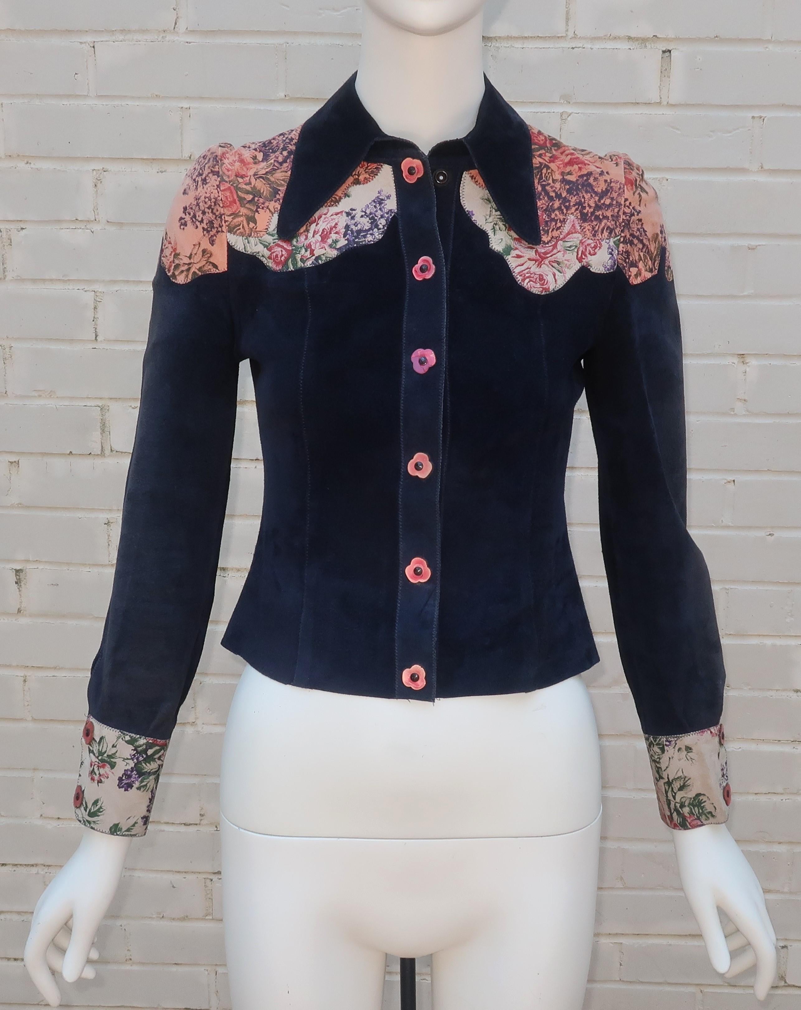 Roberto Cavalli Blue Suede Patchwork Printed Leather Jacket & Skirt, 1970's For Sale 3