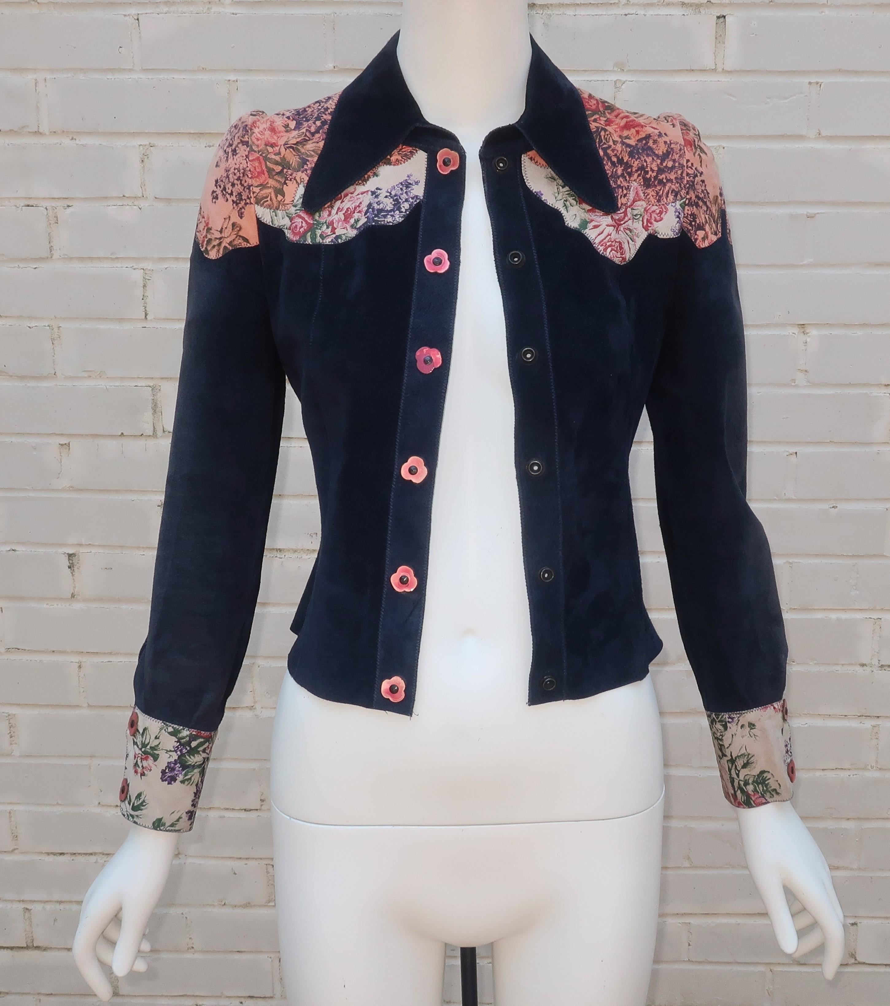 Roberto Cavalli Blue Suede Patchwork Printed Leather Jacket & Skirt, 1970's For Sale 4