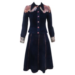 Roberto Cavalli Blue Suede Patchwork Printed Leather Jacket & Skirt, 1970's