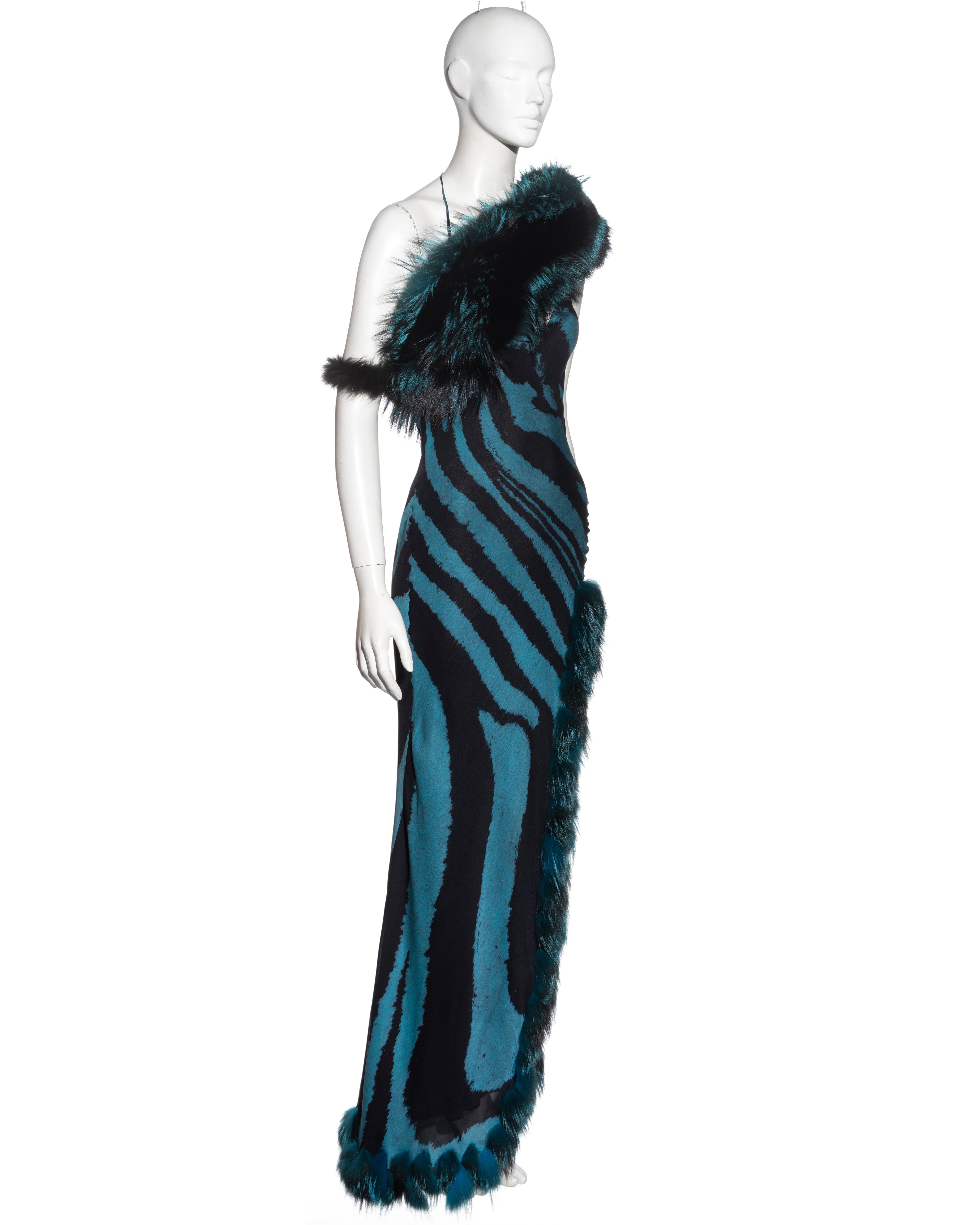 Roberto Cavalli blue tiger print silk evening dress with fox fur stole, fw 2000 5