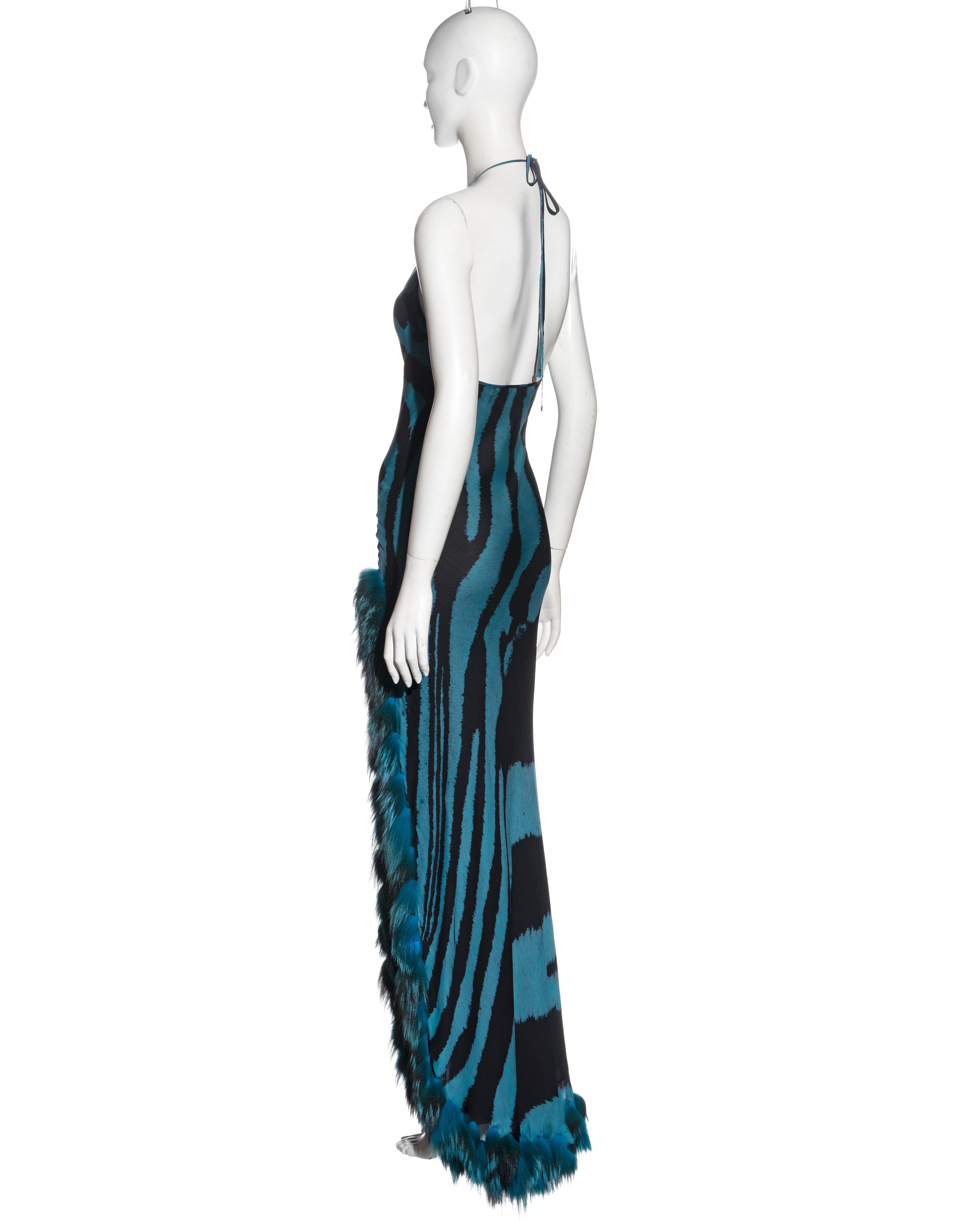Roberto Cavalli blue tiger print silk evening dress with fox fur stole, fw 2000 6