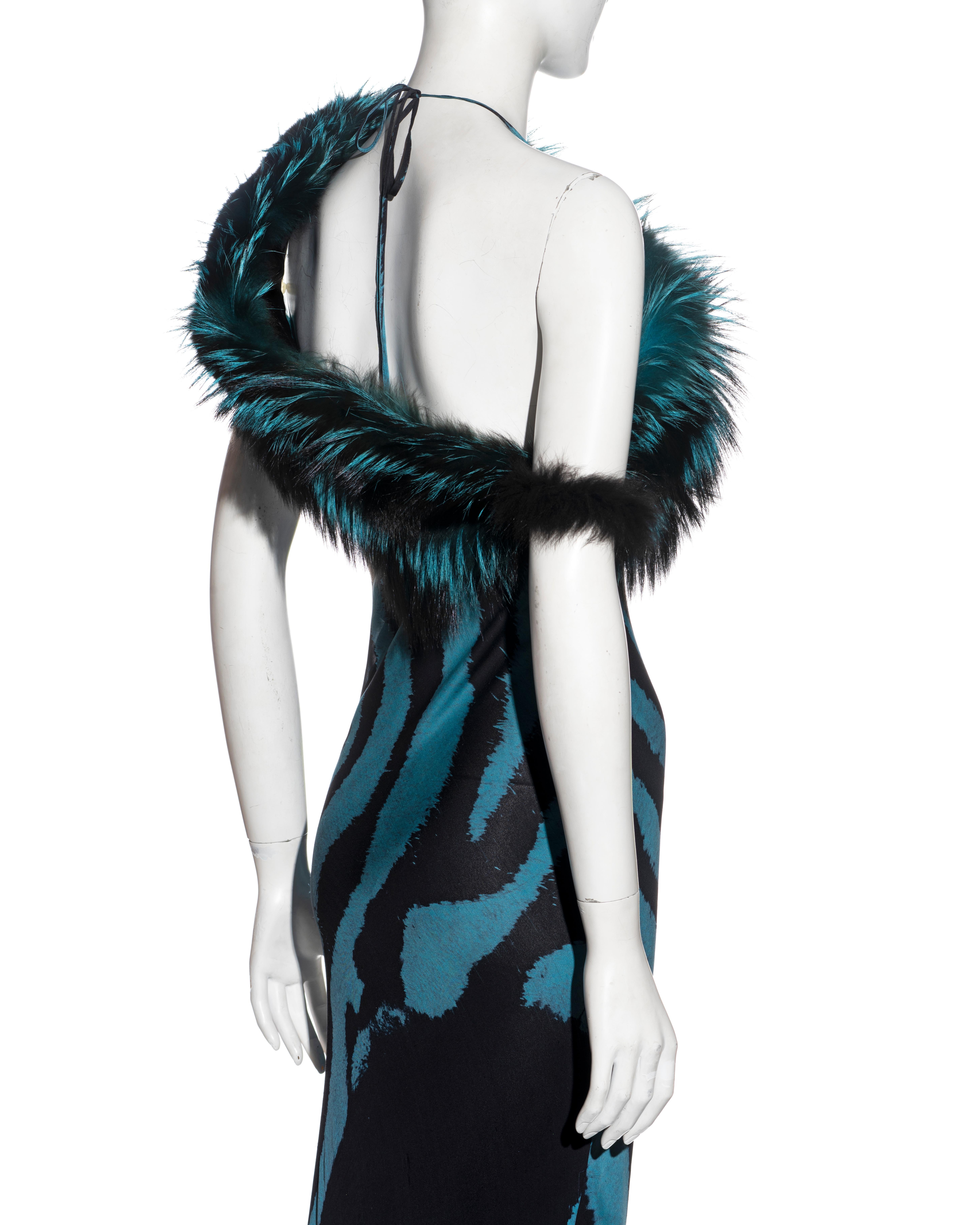 Roberto Cavalli blue tiger print silk evening dress with fox fur stole, fw 2000 7