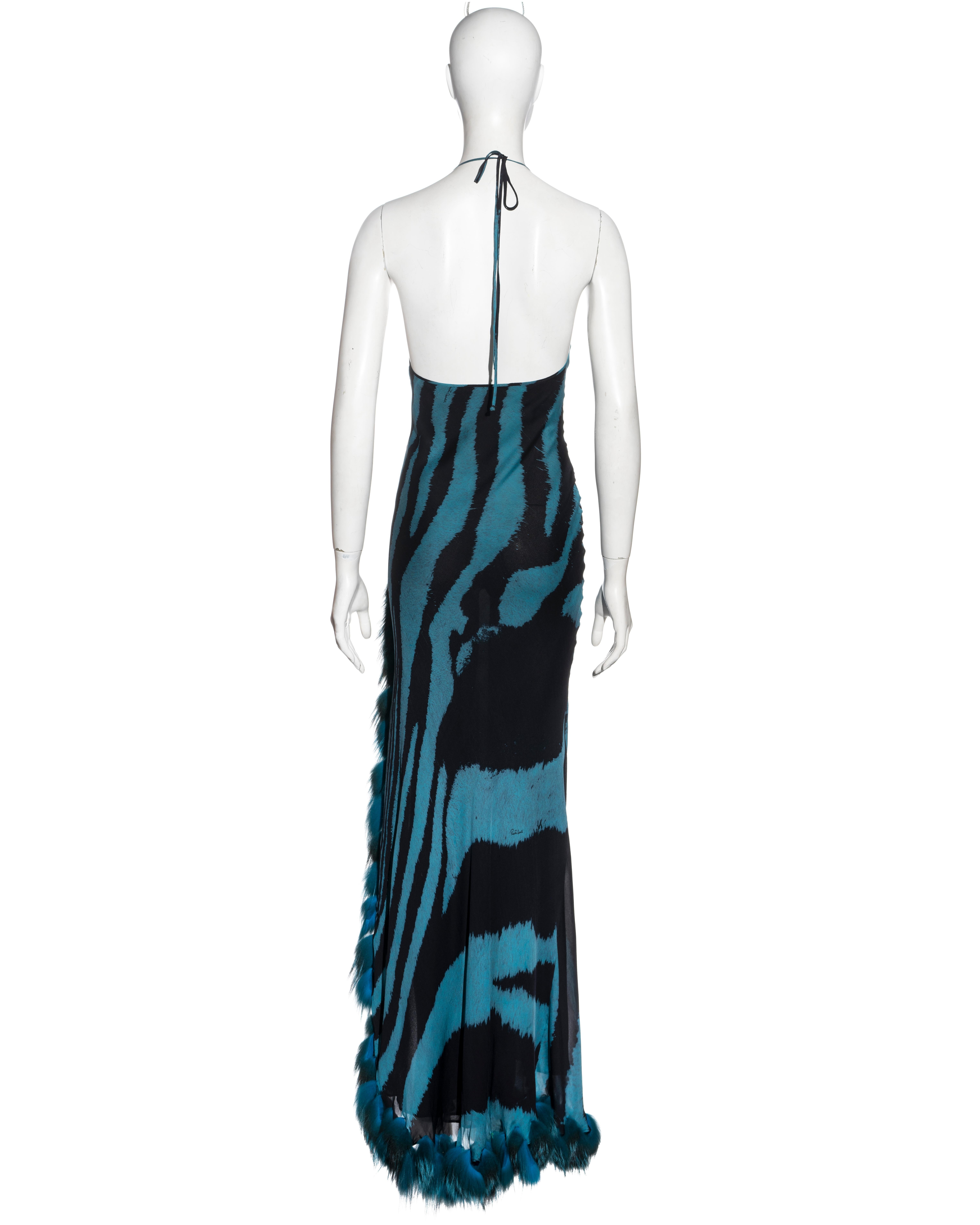 Roberto Cavalli blue tiger print silk evening dress with fox fur stole, fw 2000 8